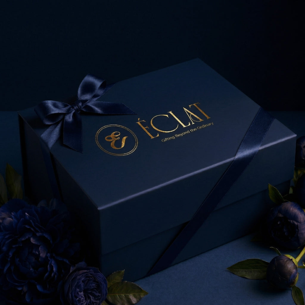 Blue gift box with a bow and 'ÉCLAT' branding on a dark background